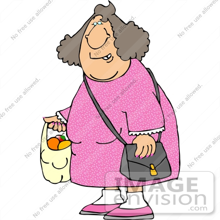 #19395 Woman Grocery Shopping, Carrying a Bag of Apples and Oranges Clipart by DJArt