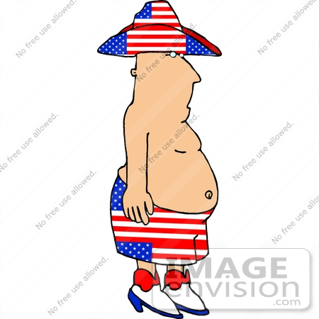 #19406 Chubby Man Wearing American Flag Patterned Hat and Shorts on the Fourth of July Clipart by DJArt