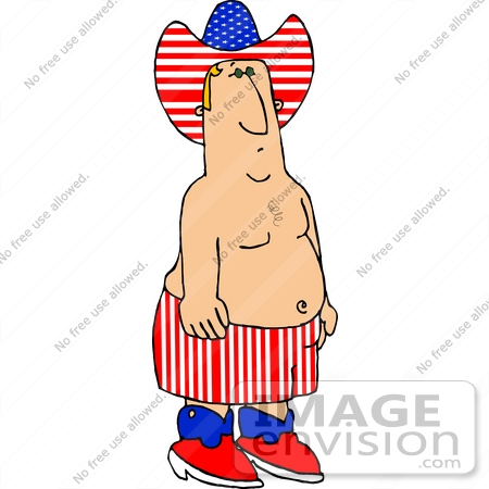 #19407 Chubby Blond Man Wearing American Flag Patterned Hat and Shorts on Independence Day Clipart by DJArt
