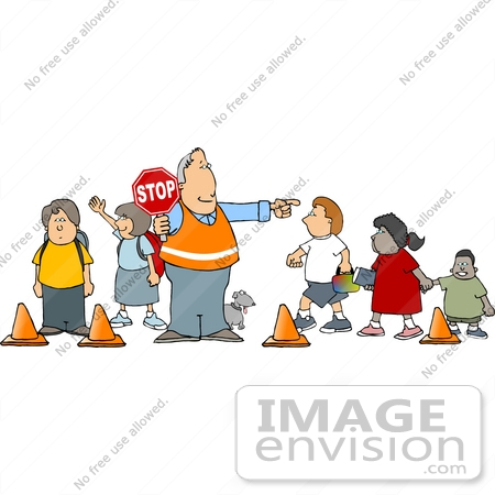 #19408 Male Crossing Guard Holding a Stop Sign While School Children and a Dog Use a Crosswalk Clipart by DJArt