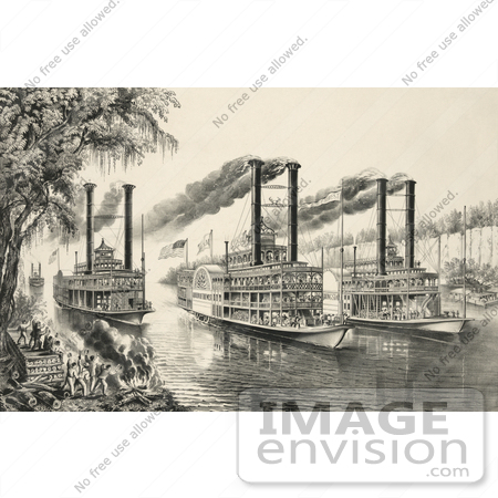 #1951 Stock Photography of Three Racing Steamboats on the Mississippi River by JVPD