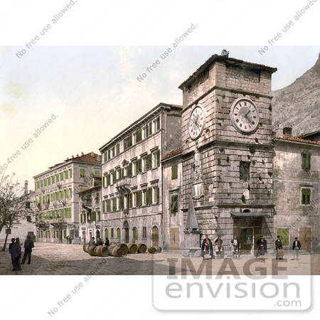 #19564 Photo of People Near the Clock Tower in the Army Square in Kotor, Cattaro, Dalmatia by JVPD