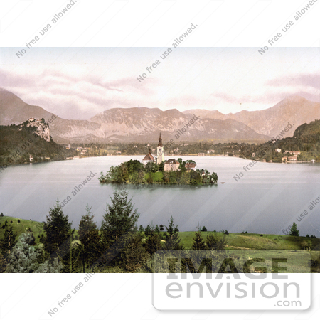 #19570 Photo of Bled Castle Overlooking the Church on the Island on Lake Bled in Upper Carniola, Slovenia by JVPD