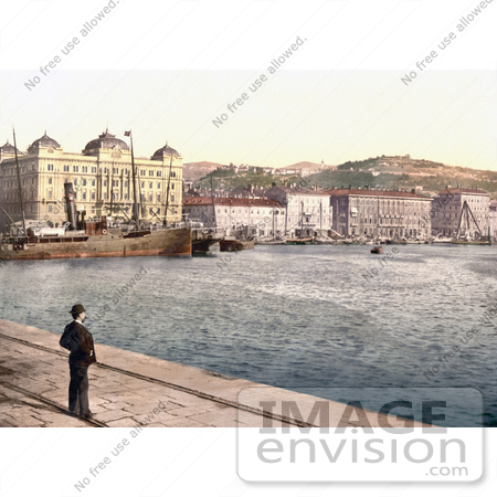 #19610 Photo of a Man Standing at the Harbor, Viewing the Ships and City, Rijeka, Fiume, Croatia by JVPD