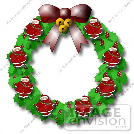 #19749 Xmas Wreath Made of Bells, Santas, Holly and Berries and a Bow Clipart by DJArt