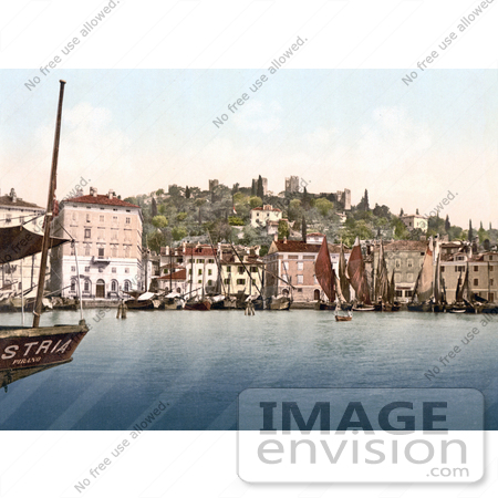 #19800 Photo of Ships in the Harbor Near the Waterfront and Castle in Piran, Pirano, Slovenia by JVPD