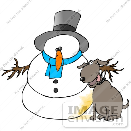 #19883 Clipart Ilustration of a Dog Sitting by a Snowman That he Just Urinated on by DJArt