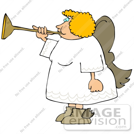 #19889 Blond Woman Angel Blowing on a Horn Clipart by DJArt