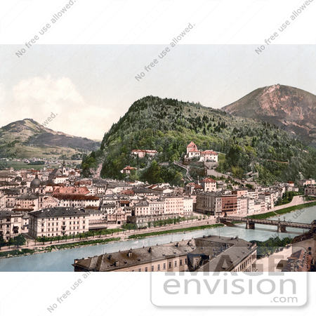 #19916 Stock Picture of Buildings Along the Salzach River and the Kapuzinerberg and Gaisberg Mountains, Salzburg, Austria by JVPD