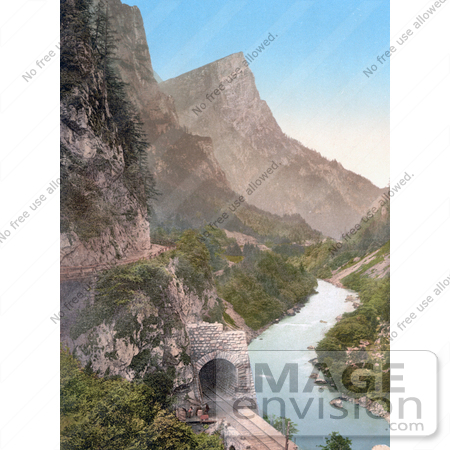 #19923 Stock Picture of the Train Tunnel Hochstegtunnel and Planspitze Near a River, Austro-Hungary by JVPD