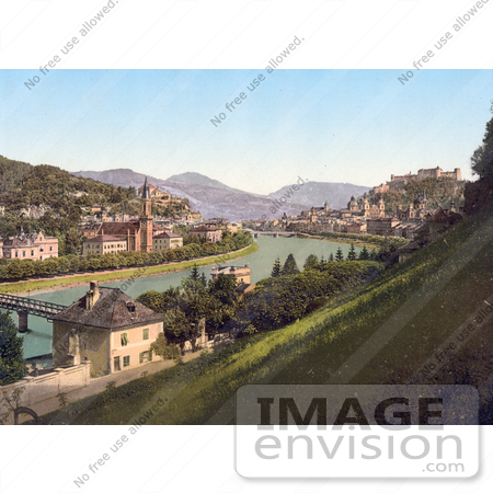 #19929 Stock Picture of the Village and Festung Hohensalzburg in Salzburg on the Salzach River in Austria by JVPD