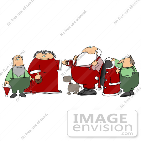 #20005 Santa’s Helpers, Dog and Wife Helping Him Get Dressed in the Morning Clipart Picture Illustration by DJArt