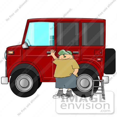 #20063 Man Standing a Ladder by His Big Red Hummer Car Clipart by DJArt
