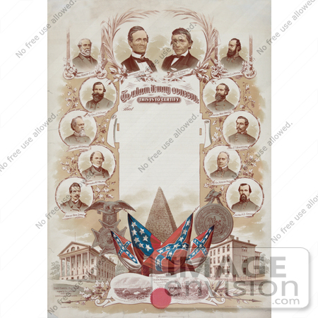 #20132 Stock Photography: Battles, Buildings and People of the Confederate Army on a Confederate Certificate by JVPD