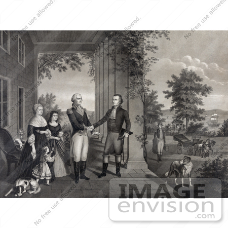 #20184 Stock Photo of George Washington and Family Greeting General Lafayette on the Portico at Mount Vernon by JVPD