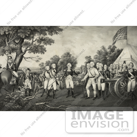 #20208 Stock Photography: British General John Burgoyne Surrendering His Sword to General George Washington After the Battle of Saratoga by JVPD