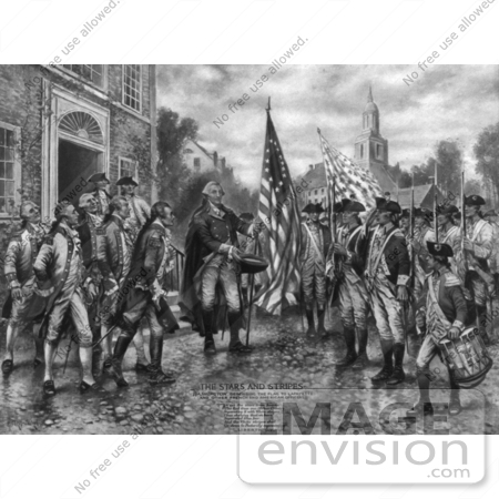#20210 Stock Photography: George Washington Describing the Flag to Marquis de Lafayette and Soldiers by JVPD