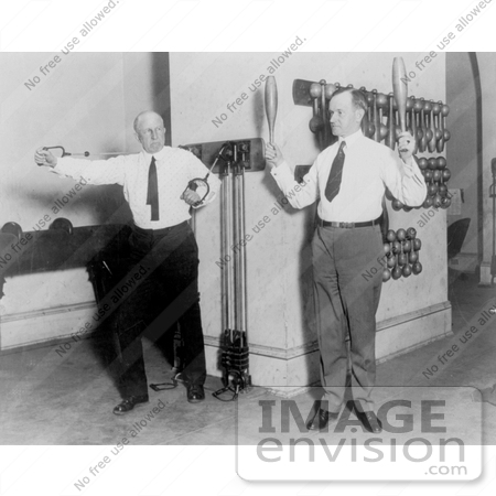 #20266 Historical Stock Photography: Calvin Coolidge and Frederick Huntington Gillett Working Out in a Gym by JVPD