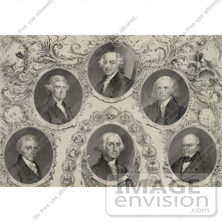 #20307 Historical Stock Photo of James Monroe, Thomas Jefferson, John Adams, James Madison, John Quincy Adams and George Washington, American Presidents by JVPD