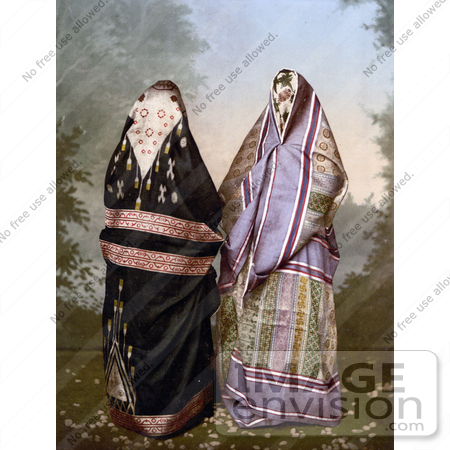 #20408 Historical Stock Photography of Two Mahomedan Women in Traditional Clothes, Their Bodies Concealed by JVPD