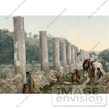 #20410 Historical Stock Photography of People at the Ruins of the Colonnade in Samaria, Holy Land by JVPD