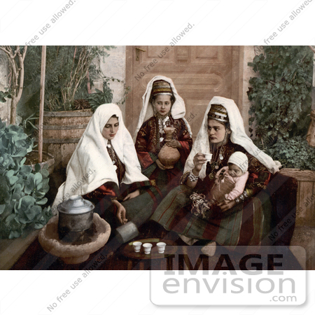 #20434 Historical Stock Photography of Three Women and a Baby Drinking Tea, Bethlehem by JVPD