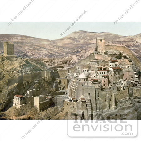 #20440 Historical Stock Photography of the Mar Saba Convent in the Kidron Valley, Judean Desert, Palestine by JVPD