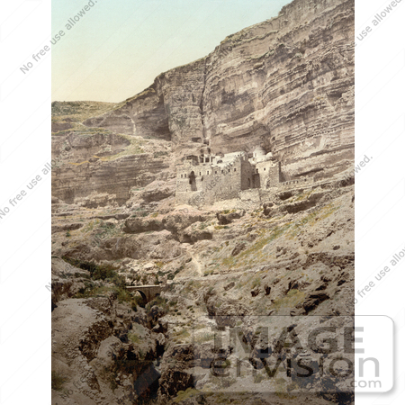 #20443 Historical Stock Photography of the Convent of Elijah and Brook of Kerith, Wady-el-Keit, Holy Land by JVPD