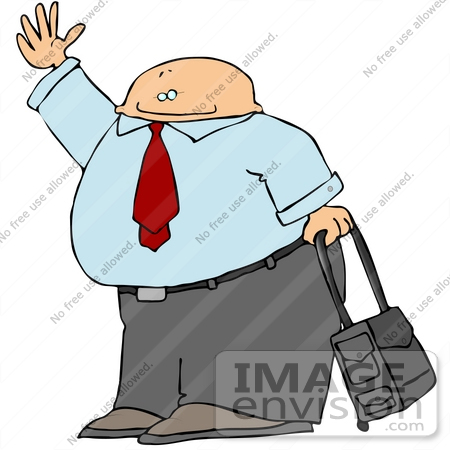 #20506 Clipart of a Businessman Waving and Rolling Luggage in an Airport by DJArt