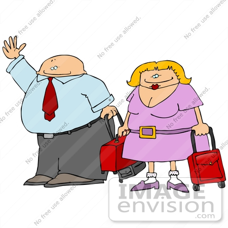 #20509 Clipart of a Couple Waving and Carrying Luggage in an Airport While Traveling by DJArt