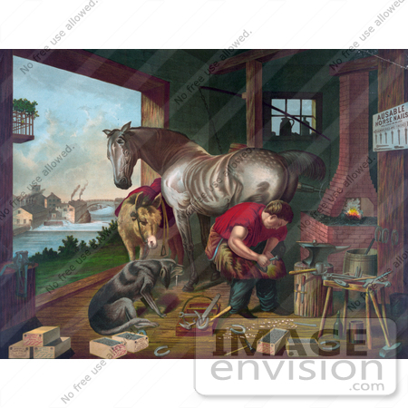 #20518 Historic Stock Photography of a Donkey and a Dog Watching a Farrier Applying Horseshoes to a Horse by JVPD