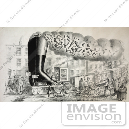 #20522 Historic Stock Photography of a Train Carrying a Giant Boot and Loads of Shoes by JVPD