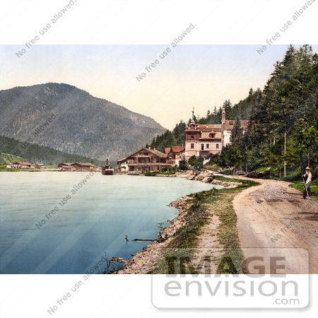 #20545 Historical Photochrome Stock Photography of a Steamboat by a Building in Eben am Achensee, Scholastica, Tyrol, Austria by JVPD