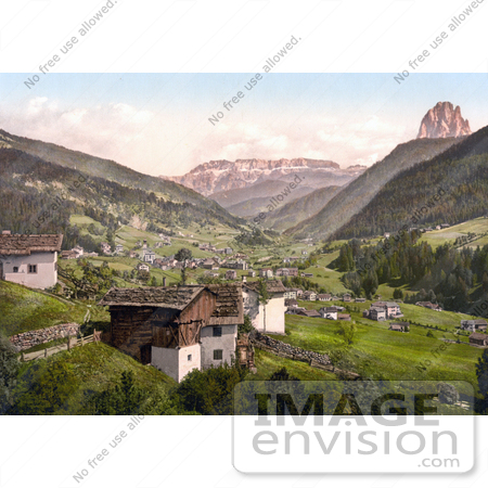 #20547 Historical Photochrome Stock Photography of Grodenthal with Sella, and Langkoflgruppe, Tyrol, Austria by JVPD