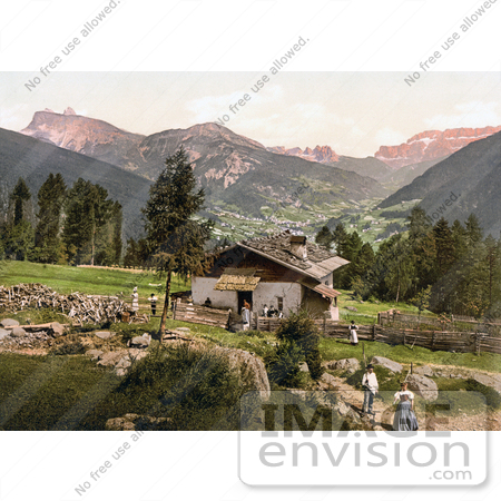 #20549 Historical Photochrome Stock Photography of People at a House With a View of Grodnenthal (Grodertal), Penidsattel, Tyrol, Austria by JVPD