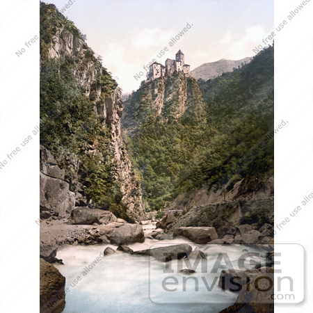 #20574 Historical Photochrome Stock Photography of The Castle in Karneid, Cornedo Over a River, Tyrol, Austria by JVPD