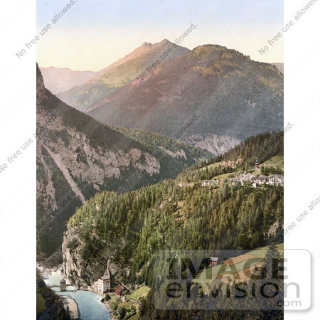 #20579 Historical Photochrome Stock Photography of the Toll Bridge in Finstermunz, Tyrol, Austria by JVPD