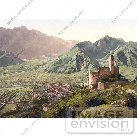 #20584 Historical Photochrome Stock Photography of The Ruins of the Telvana Castle and a View of Borgo Valsugana by JVPD