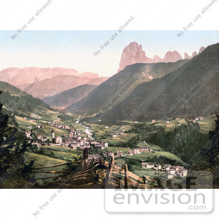 #20592 Historical Photochrome Stock Photography of Grodenthal, St. Ulrich with Sella and Langkoflgruppe, Tyrol by JVPD