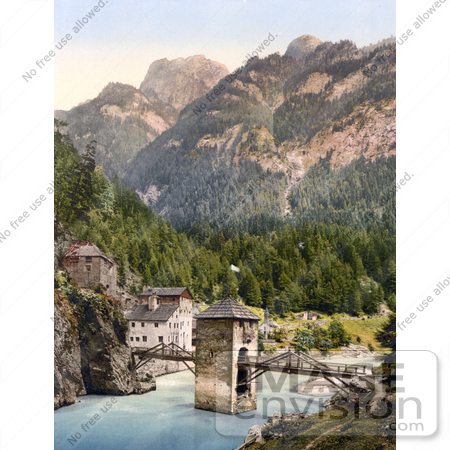 #20596 Historical Photochrome Stock Photography of the Altfinstermunz Medieval Toll Bridge, Finstermunz, Tyrol, Austria by JVPD