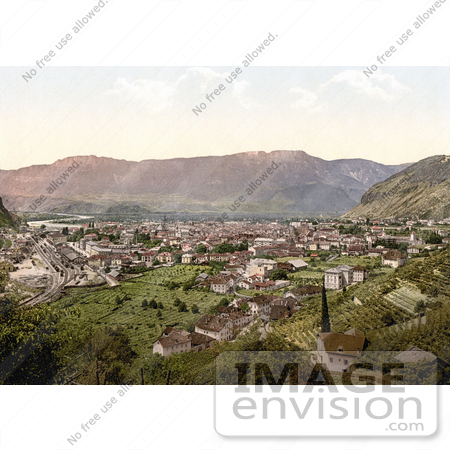 #20599 Historical Photochrome Stock Photography of a Railroad and City in a Valley, Bosen, Mendel, Tyrol, Austria by JVPD