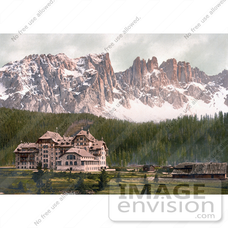 #20601 Historical Photochrome Stock Photography of the Hotel and Lattemar, Karersee, Tyrol, Austria by JVPD