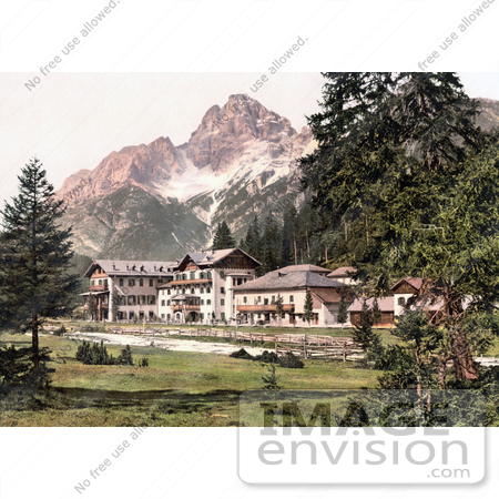 #20629 Historical Photochrome Stock Photography of a Hotel Building Near Schluderbach and Croda Pass, Croda Rosa, Dolomites, Tyrol, Austria by JVPD