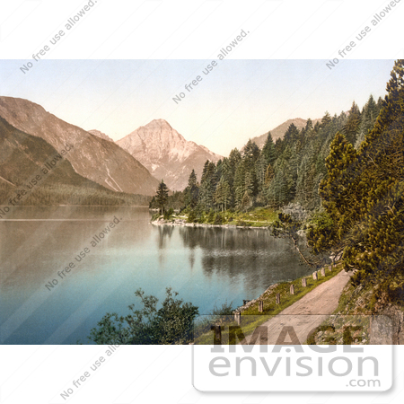 #20632 Historical Photochrome Stock Photography of a Dirt Road and Forest on the Shore Plansee Lake in Tyrol, Austria by JVPD