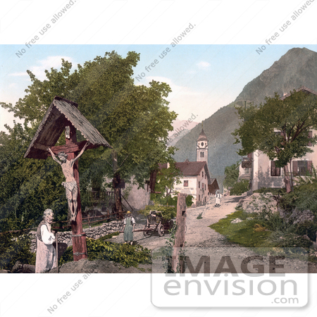 #20646 Historical Photochrome Stock Photography of Tyrol Village, Village with crucifix, Tyrol, Austria by JVPD
