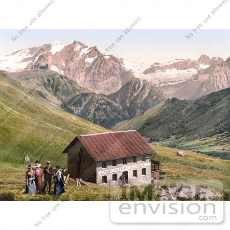 #20656 Historical Photochrome Stock Photography of the Gasthof Valentini Sellajoch Building and Marmolada as Seen From the Sellajoch, Tyrol, Austria by JVPD