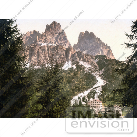 #20664 Historical Photochrome Stock Photography of Hotel Buildings Near Monte Cristallo With Tre Croci, Tyrol, Austria by JVPD