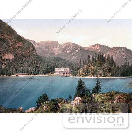 #20673 Historical Photochrome Stock Photography of a Hotel Building on Wildsee Lake, Pragser, Tyrol, Austria by JVPD