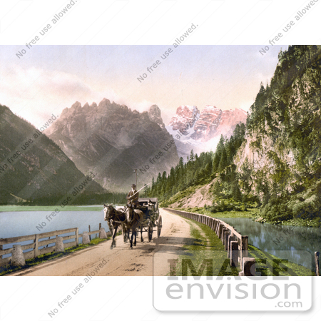 #20682 Historical Photochrome Stock Photography of a Horse Drawn Carriage Near the Monte Cristallo and Mont Popena, Ampezzostrasse with Durrensee, Tyrol, Austria by JVPD