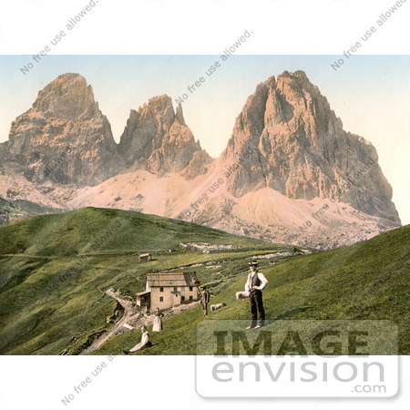 #20689 Historical Photochrome Stock Photography of People Near a Hotel and Mountains, Sella Joch and Langkofl, Tyrol, Austria by JVPD